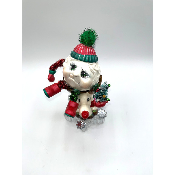 Vintage Ceramic Snowball Sitting in Rudolphs Antlers Mikasa Glass Snowflake OOAK - Picture 3 of 16